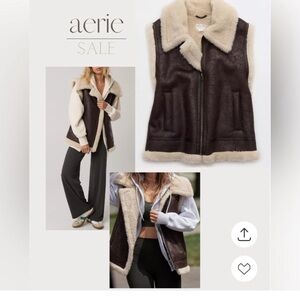 Offline by Aerie Faux Leather Sherpa Vest Brown Pockets Zip Close NWT XL